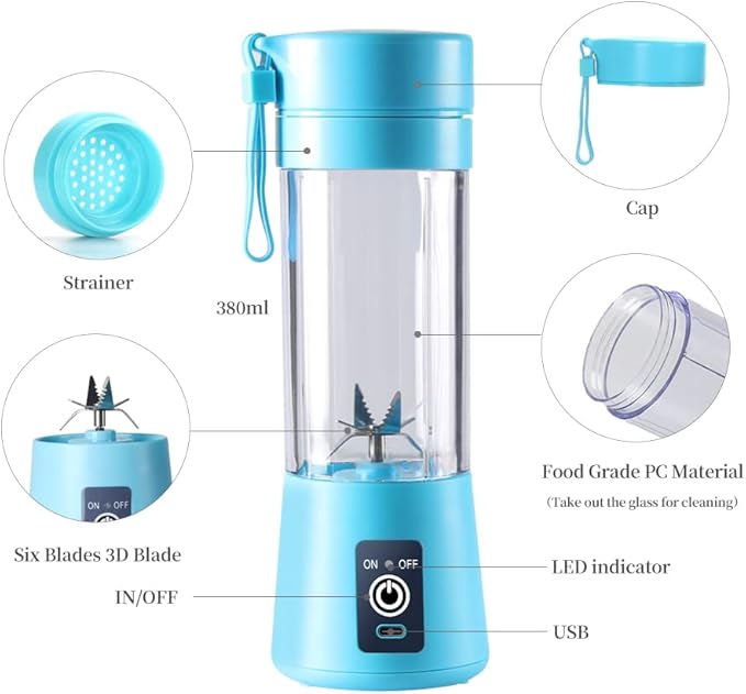 Portable Electric USB Juicer Blender Cup - Mini Blender for Shakes, Smoothies & Juice - 380ml, Six Blades - Blue