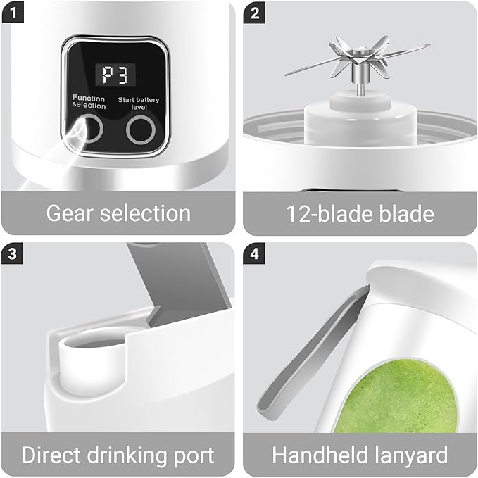 Portable Personal Electric USB Juicer,500ML Mini Blender Portable Blender For Shakes and Smoothies juice,12 Blades Great for Mixing,Compact、Convenient and Versatile (White)