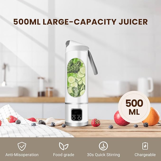 Portable Personal Electric USB Juicer,500ML Mini Blender Portable Blender For Shakes and Smoothies juice,12 Blades Great for Mixing,Compact、Convenient and Versatile (White)