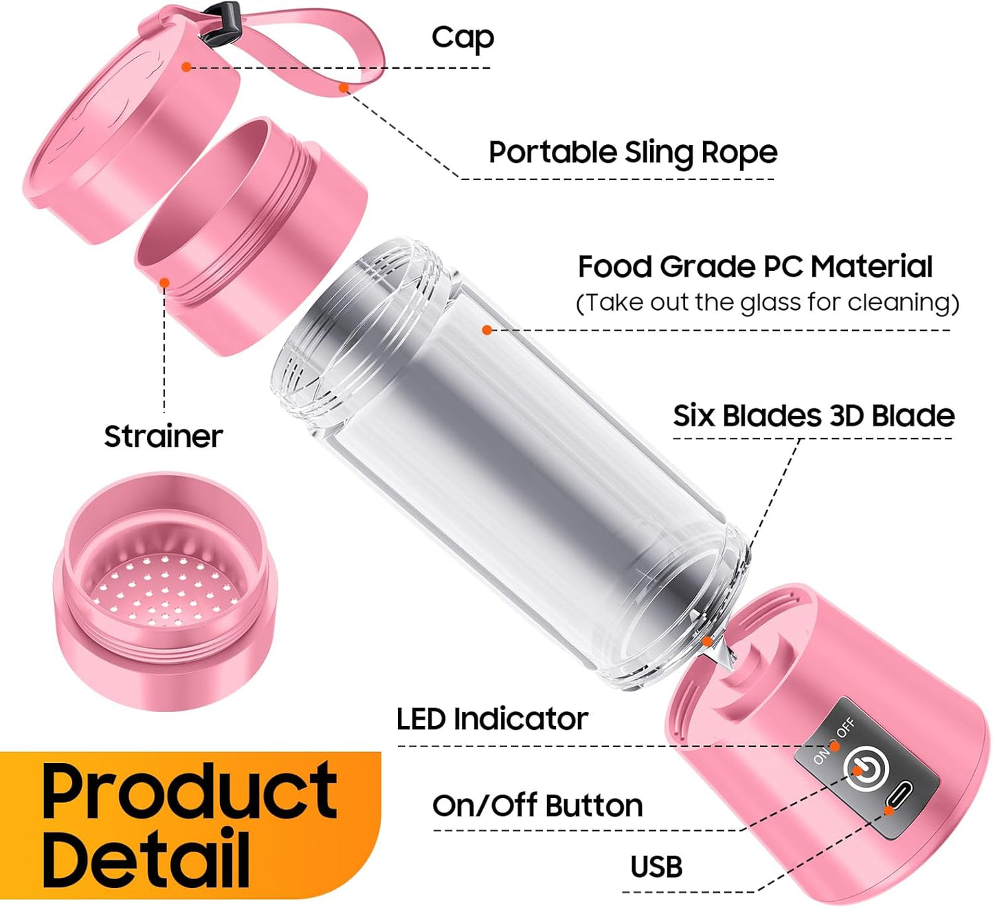 Personal Blender for Shakes and Smoothies - New Upgrade Cordless Portable Blender USB-C Rechargeable, 380Ml BAP Free Juice Cup, 6 Blades Freshly Squeezed for Picnic/Sprots, 20000Rpm/Min Speed