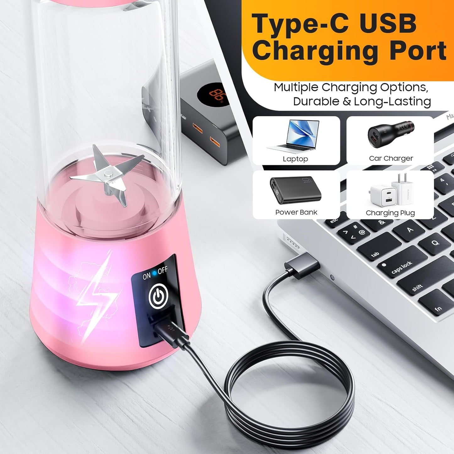 Personal Blender for Shakes and Smoothies - New Upgrade Cordless Portable Blender USB-C Rechargeable, 380Ml BAP Free Juice Cup, 6 Blades Freshly Squeezed for Picnic/Sprots, 20000Rpm/Min Speed