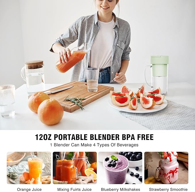 Portable Blender For Shakes and Smoothies, USB Rechargeable, 6 Blades Personal Juicer with Handle,12 oz Easy-to-Clean mini Blender with Charger, Great for Kitchen, Home, Party, Travel, Outdoor, Green
