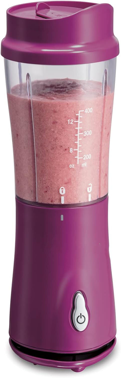 Portable Blender for Shakes and Smoothies with 14 Oz BPA Free Travel Cup and Lid, Durable Stainless Steel Blades for Powerful Blending Performance, Raspberry