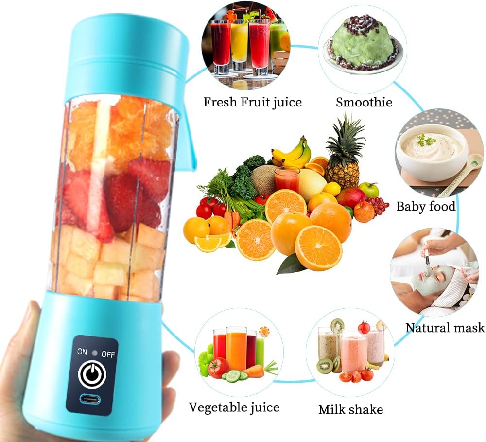 Portable Electric USB Juicer Blender Cup - Mini Blender for Shakes, Smoothies & Juice - 380ml, Six Blades - Blue