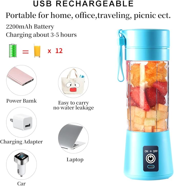 Portable Electric USB Juicer Blender Cup - Mini Blender for Shakes, Smoothies & Juice - 380ml, Six Blades - Blue