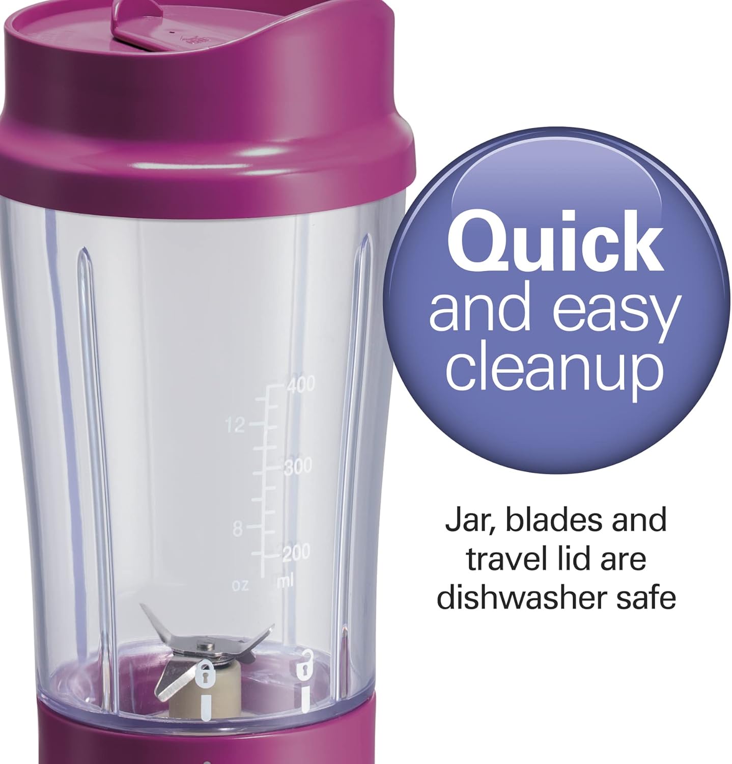 Portable Blender for Shakes and Smoothies with 14 Oz BPA Free Travel Cup and Lid, Durable Stainless Steel Blades for Powerful Blending Performance, Raspberry